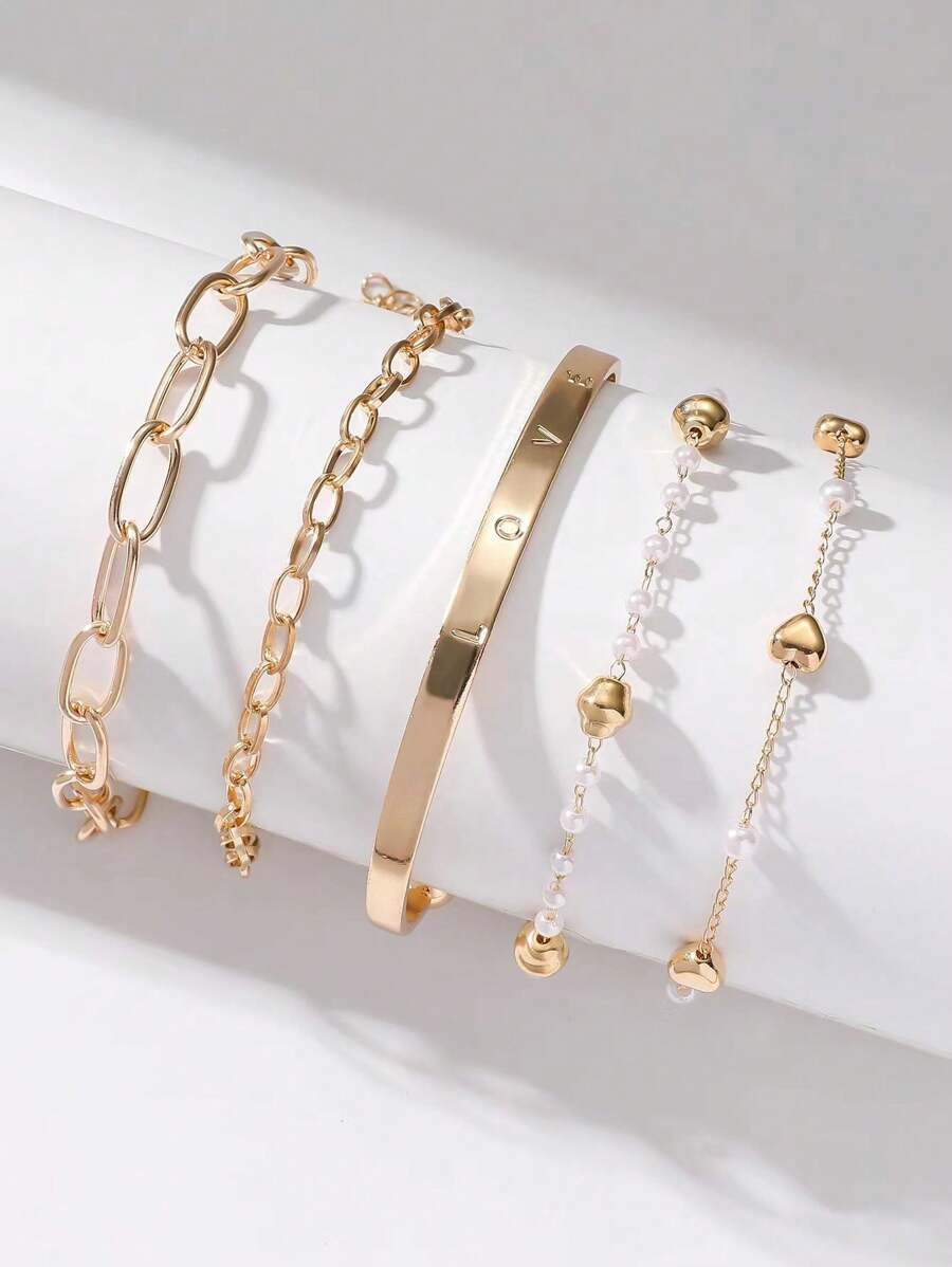 5 件优雅、迷人、精致的手链套装，手工设计，配有玻璃、珍珠、宝石配饰，适合日常佩戴（注意：手链按长度剪裁，随机包含玻璃、珍珠、宝石等配饰） - 金黃色 - 查看 1