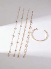 5 件优雅、迷人、精致的手链套装，手工设计，配有玻璃、珍珠、宝石配饰，适合日常佩戴（注意：手链按长度剪裁，随机包含玻璃、珍珠、宝石等配饰） - 金黃色 - 查看 3