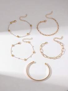 5 件优雅、迷人、精致的手链套装，手工设计，配有玻璃、珍珠、宝石配饰，适合日常佩戴（注意：手链按长度剪裁，随机包含玻璃、珍珠、宝石等配饰） - 金黃色 - 查看 2