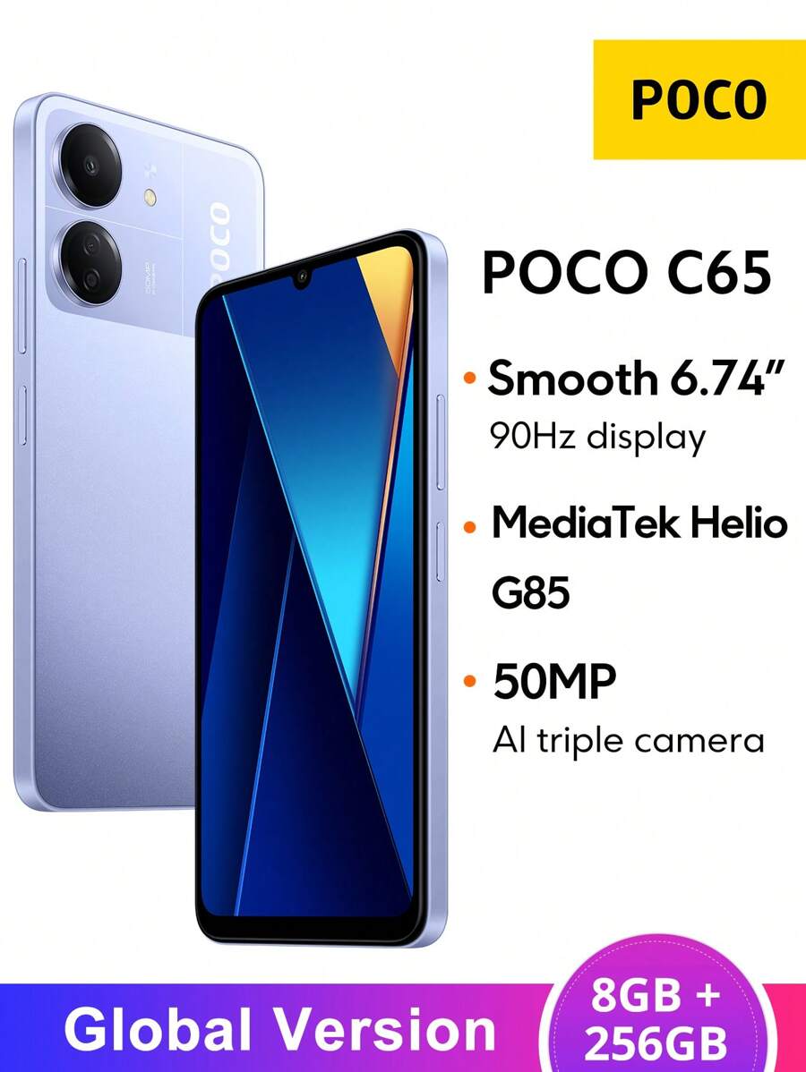 Xiaomi POCO C65 NFC 8GB+256GB 全球版，联发科 Helio G85 八核处理器，6.74 英寸 90Hz 显示屏，5000 万像素三摄，5000mAh 电池，18W 快充 - 紫色 - 查看 1