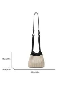 編織草風格PU皮革肩袋，女士休閒時尚斜挎袋，日常使用、旅行和度假的完美選擇 - 黑色 - 查看 5