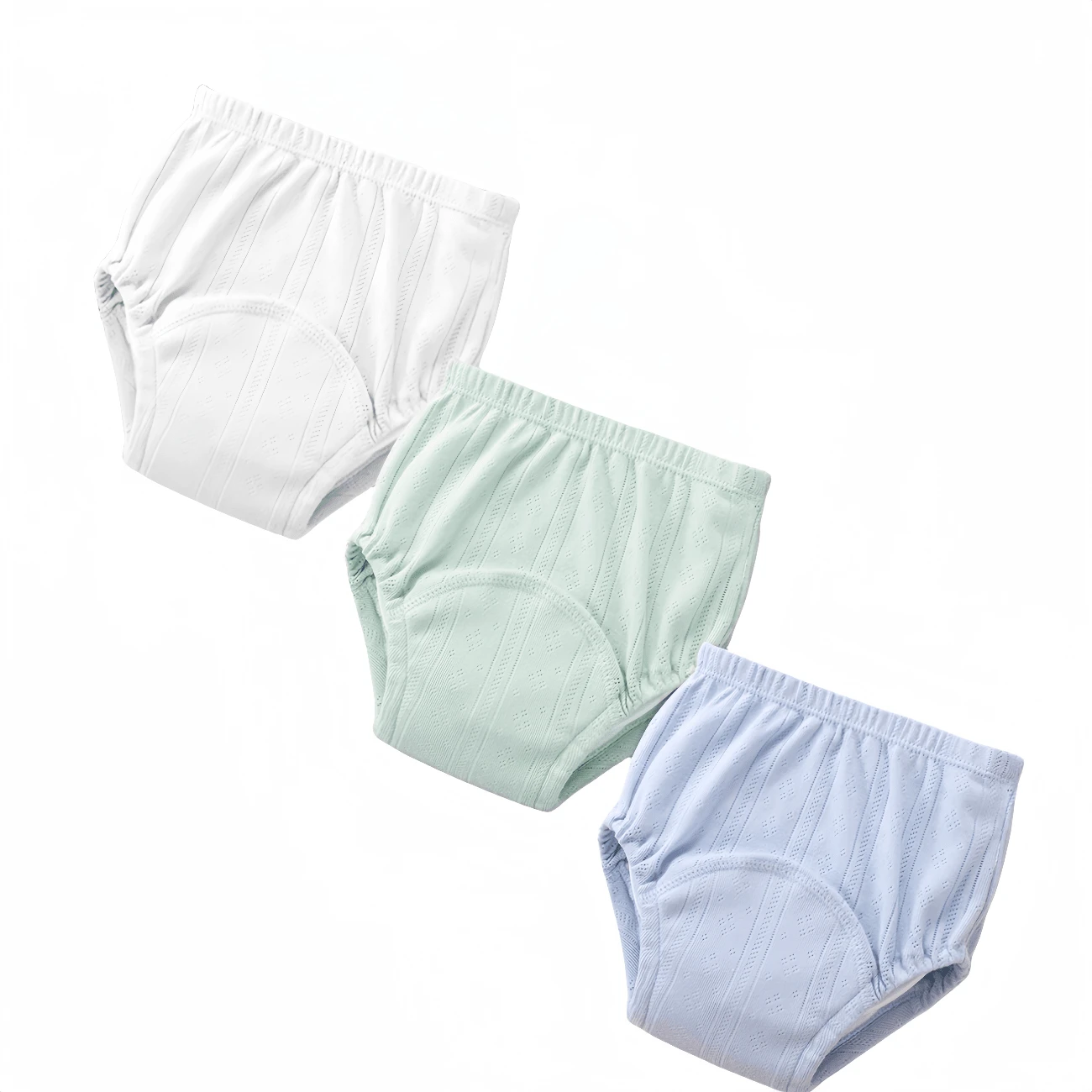 3 件套训练裤带网眼用于如厕训练，夏季，男女通用婴儿洗澡家庭装饰礼物 - 白+綠+藍 - 查看 1