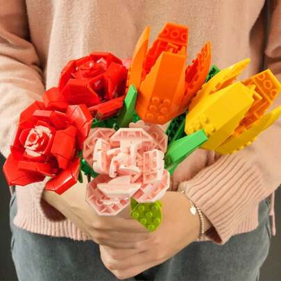 1pc Diy Rose, Champagne & Orange Color Building Blocks Flower Desk Decoration. This Hand-Assembled Kit Is Perfect For Small Flower Decoration In Living Room And Can Be Used As Furniture Decoration As Well As A Gift For Birthday Or Valentine's Day. Room Decoration