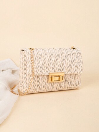 Axelväska för kvinnor med kedja, flerfärgad vävd fyrkantsväska för vår/sommar Casual/strand, stor kapacitet, sommarprylar, perfekt för semester och semester