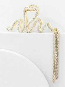 1pc Versatile Quality Rhinestone Wave Tassel Hair Claw,Y2k Claw Clips Hair Clips Hair Jaw Clip Hair Clamps Hair Clutch Hair Catcher Clip Fall Winter Hair Accessories For Women For Vacation Outfits Woman - Gold - View 8