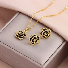 1 Set Of 18K Gold-Plated Fashionable And Luxurious Micro-Set French Black Rose Pendant With Ladies Necklace And Earrings Set, Elegant High-End Sense Banquet Accessory Female Valentines,Mom,Mother,Mother's Day,Gift - Gold - View 8