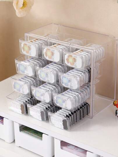 1个透明桌面抽屉式隐形眼镜/首饰收纳盒，适用于日抛型隐形眼镜、耳环、项链、手链，多尺寸隔层，悬挂式设计