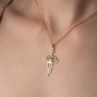 莲花吊坠项链，女士不锈钢Unalome宝塔吊坠项链，瑜伽护身符首饰，情人节、母亲节礼物