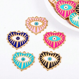 5pcs Turkish Style Blue Evil Eye Alloy Beaded Heart Pendant For DIY Necklace Keychain Devil Eye Pendant Jewelry Making Supplies