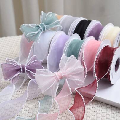 5 Yards 4cm/6cm Pearl Fish Tail Organza Ribbon For Flower Wrapping,Gift, Cake & Bakery Packaging, With Bowknot, DIY, Gift Box & Bouquet Binding