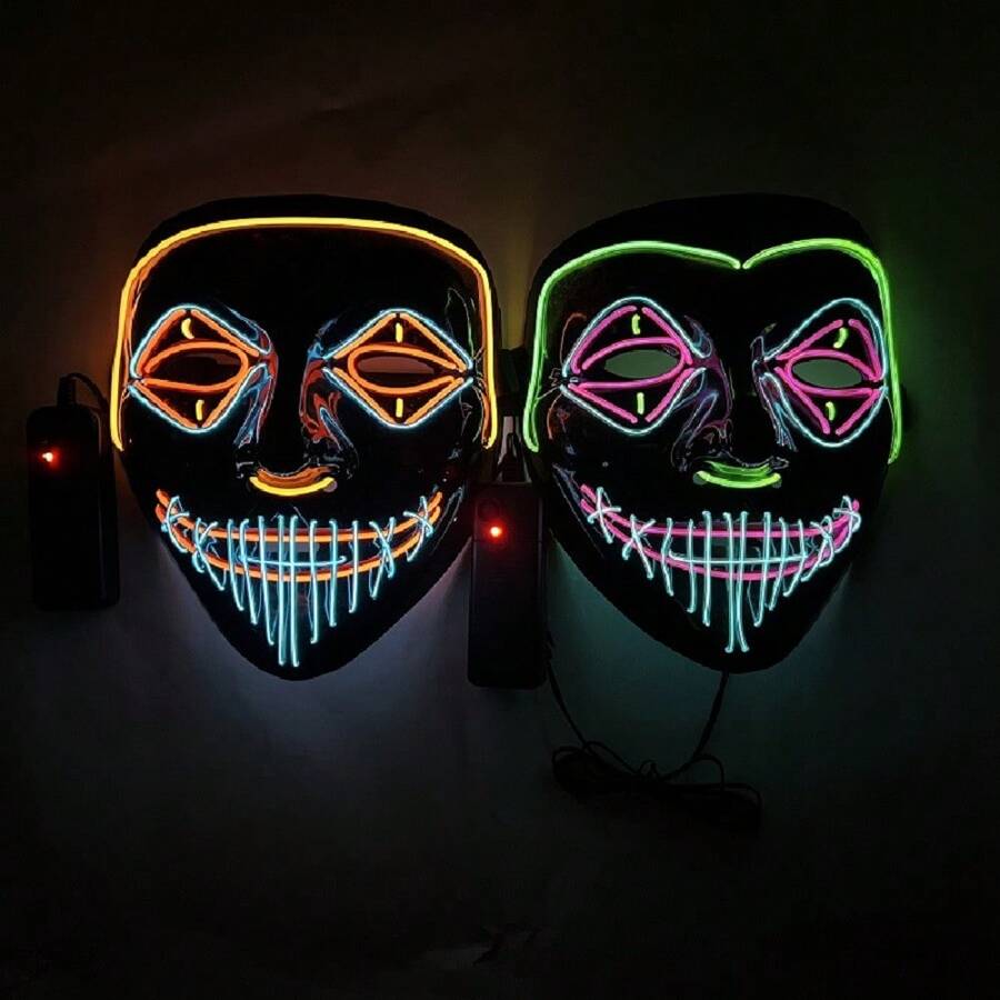 万圣节派对面具 LED 发光面具，酒吧角色扮演服装道具，3 色 LED 发光 EL 线 V 面具万圣节装饰 - 彩色 - 查看 1