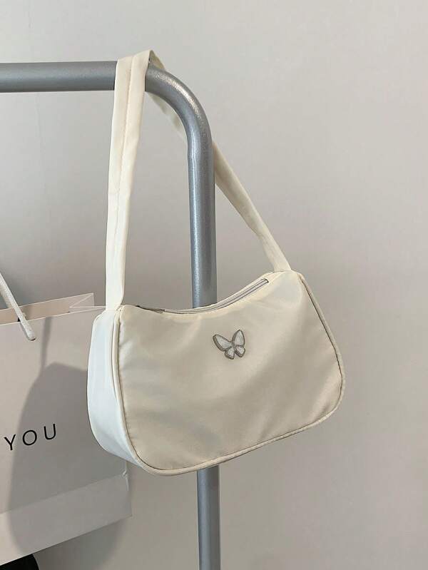 1pc Solid Color Nylon Zipper Closure Butterfly Print Underarm Bag, Minimalist & Fashionable Design For Daily Outdoor Use