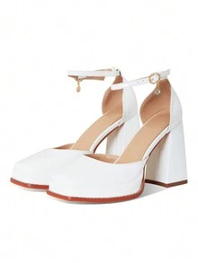 Woemens Platform Mary Jane Shoes Chunky Heels Square Closed Toe Pumps For Women Kawaii Ankle Strap Lolita Dress Pumps - 雪白色 - 查看 6