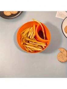 1pc Plastic Snack Bowl With Divided Grid, 2-Compartment Chips And Dip Bowl With Lid, Salad Serving Dish For Home And Party Use - Red - View 6