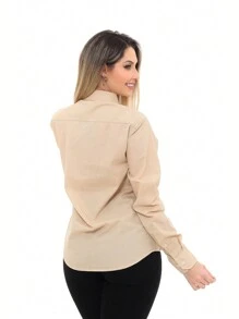 Camisa Social Feminina Premium Tipo Linho Bege - Bege - Visão 2