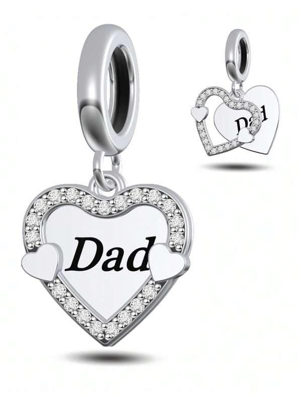 HuooNew 1 Stück raffinierter Luxus 925 Sterling Silber Herz-förmiger "Dad" Strass Dekor DIY Perlen Anhänger Halskette, Geschenk für Frauen Geburtstag Valentinstag