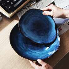 1pc Nordic Ceramic Food Dish Plate Household Pottery Asymmetric Dish Salad Platter Cat Eye Blue Color Dish