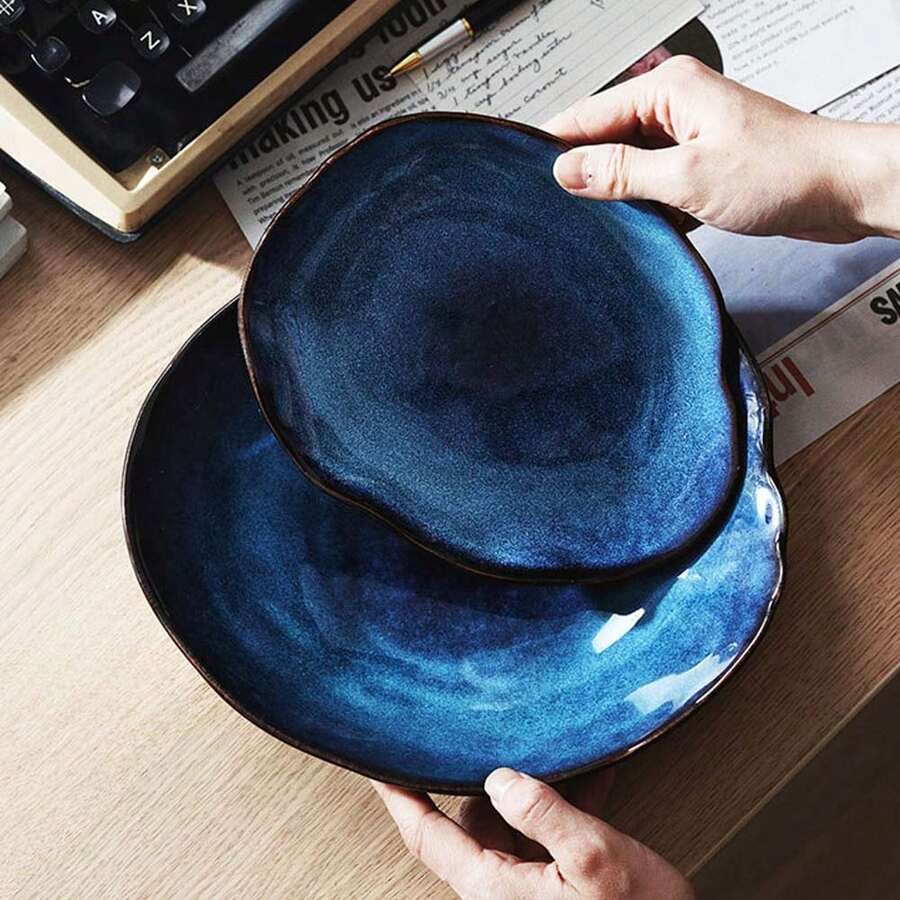 1pc Nordic Ceramic Food Dish Plate Household Pottery Asymmetric Dish Salad Platter Cat Eye Blue Color Dish
