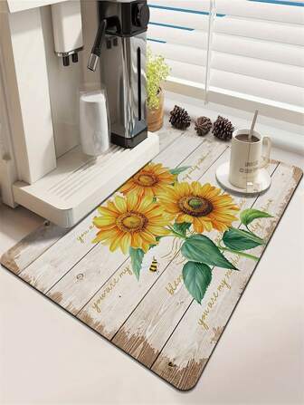 1入組三朵向日葵圖案碗盤置物墊，熱銷廚房用品硅泥檯面吸水墊，隔熱、防滑、易清潔杯墊和碗/盤吸水墊