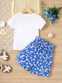 Young Girl Summer Style Casual Heart Printed Short Sleeve T-Shirt And Shorts Two-Piece Set