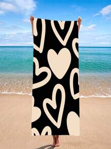 1 pièce Serviette de plage surdimensionnée à motif cœur noir et blanc, respirante. Serviette de bain douce et légère, séchage rapide, super absorbante. Idéale pour les voyages d'été, les vacances, la décoration de salle de bain, les accessoires de plage