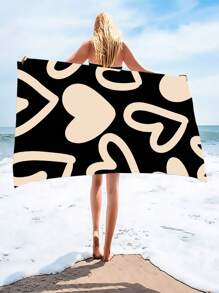 1 pièce Serviette de plage surdimensionnée à motif cœur noir et blanc, respirante. Serviette de bain douce et légère, séchage rapide, super absorbante. Idéale pour les voyages d'été, les vacances, la décoration de salle de bain, les accessoires de plage
