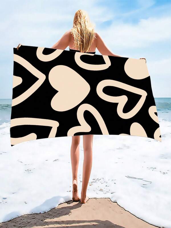 1 pièce Serviette de plage surdimensionnée à motif cœur noir et blanc, respirante. Serviette de bain douce et légère, séchage rapide, super absorbante. Idéale pour les voyages d'été, les vacances, la décoration de salle de bain, les accessoires de plage