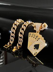 嘻哈適合女士男士水鑽撲克牌吊墜項鏈完美首飾類禮品適合派對合金適合派對 - 金黃色 - 查看 14