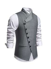 Chaleco de traje de corte ajustado para hombres, con un solo botón cruzado, adecuado para bodas/fiestas - Gris - Ver 2