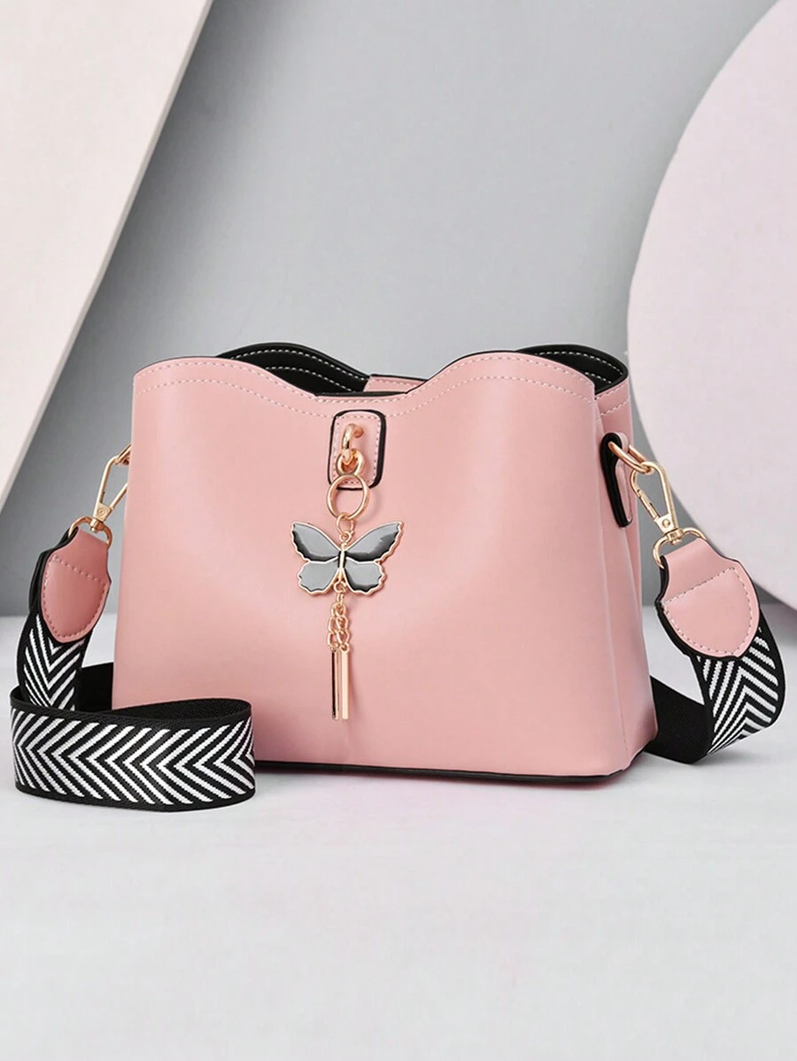 PLANEE 纯色蝴蝶流苏装饰斜挎包，宽肩带，拉链磁扣，大容量，女士单肩包，夏季时尚休闲女士手提包贝壳包，多层斜跨包，适合女大学生，最佳母亲节礼物创意，母亲节礼物，妈妈礼物，妈妈的必需品，外出妈妈包 - 淺粉色 - 查看 1