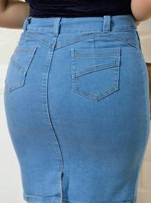 Women Denim Skirts - 淺色水洗藍 - 查看 3