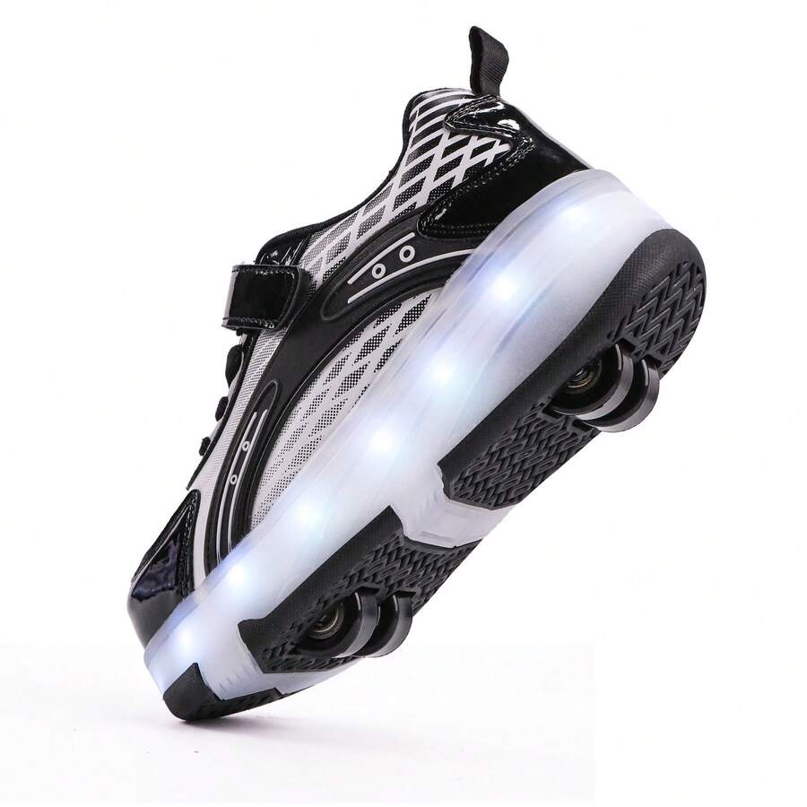 夏季青少年LED燈滾輪溜冰鞋4輪低幫黑白運動鞋，男女冰上滑冰鞋