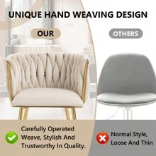 Modern Velvet Dining Chairs Set Of 2 Hand Weaving Accent Chairs Living Room Chairs Upholstered Side Chair With Golden Metal Legs For Dining Room Kitchen Vanity Living Room - 米色 - 查看 7