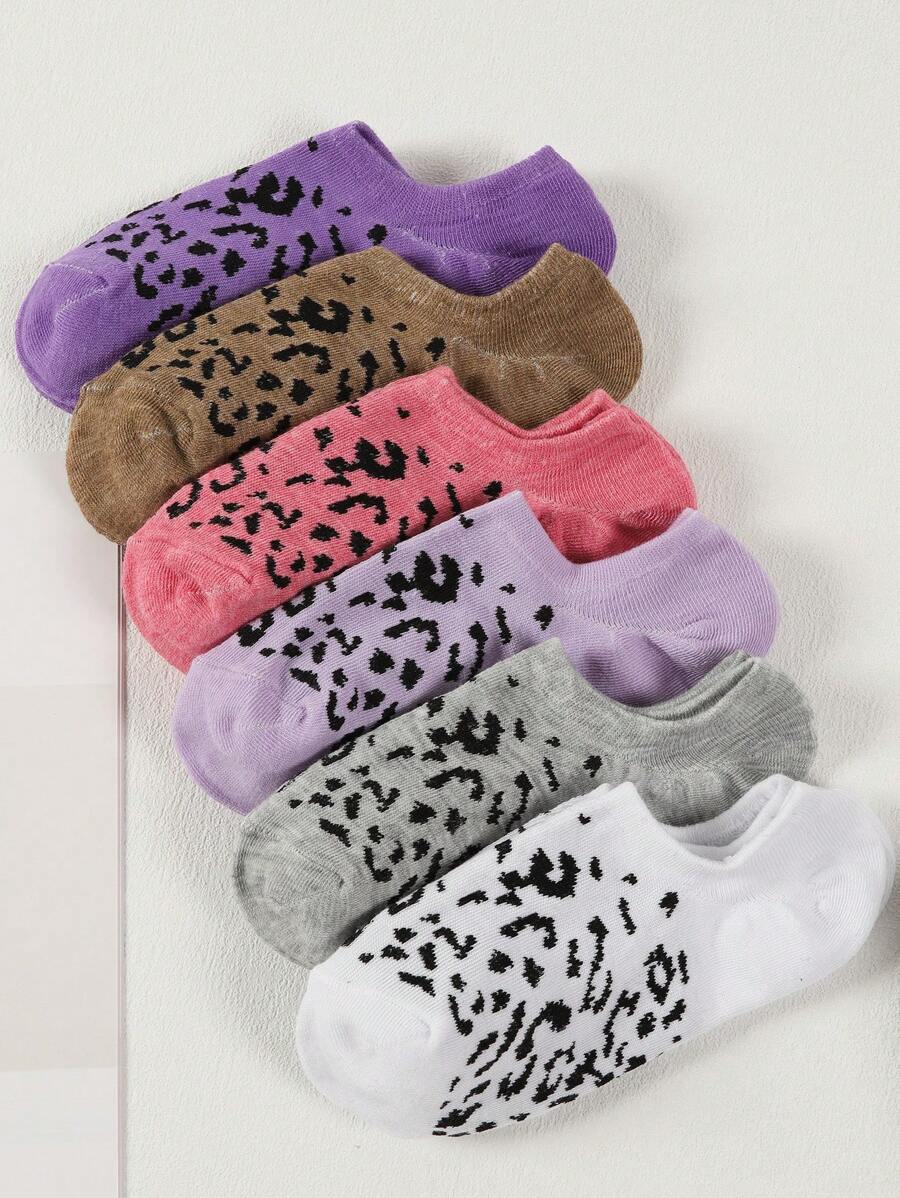 女士隱形襪6雙裝，防滑&吸汗設計，黑&白&灰，多彩豹印花&純色，低口&不露腳踝襪