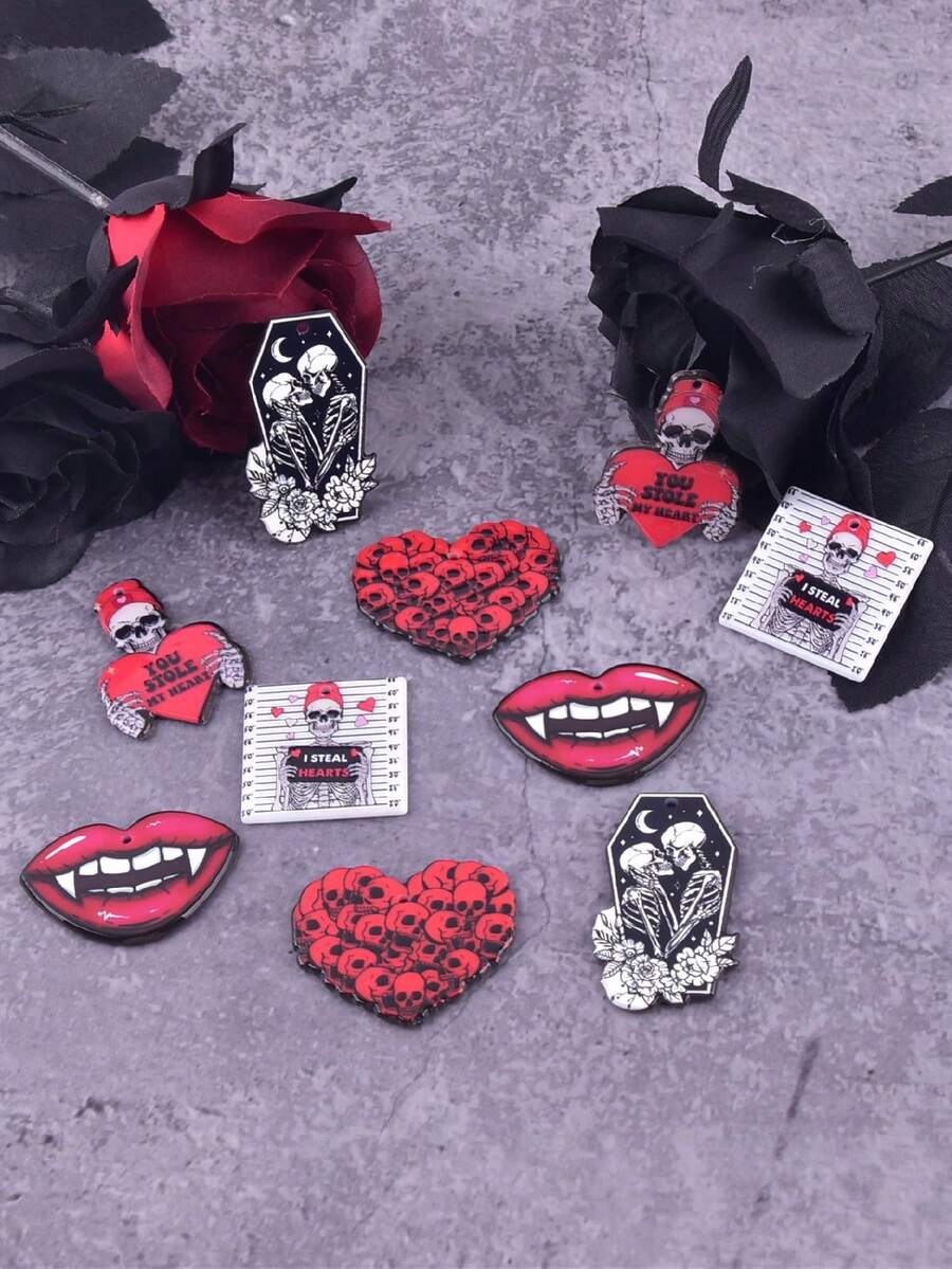 10入組時尚音樂節派對亞克力珠寶DIY掛墜耳環項鍊配件，帶有吸血鬼頭骨墓碑設計 - 彩色 - 查看 1