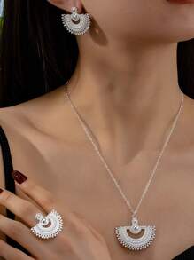 A Set Of Retro And Exquisite Carved Fan Shaped Necklaces, Earrings, And Rings, Three Piece Set - Silver - View 1