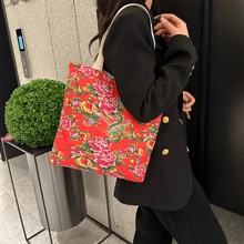 1 Stück nordöstlicher Stil Blumen Schultertasche mit großer Kapazität, personalisiert und aus Segeltuchmaterial für Frauen - Verschiedenfarbig - Übersicht 3