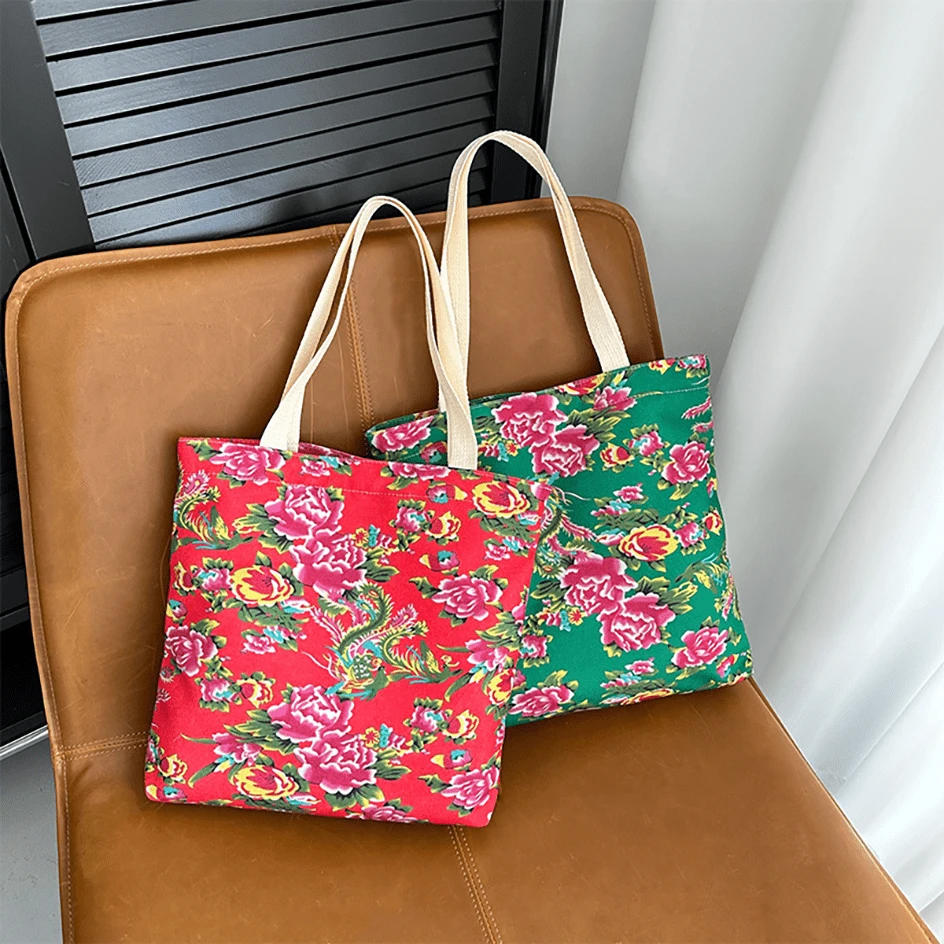 1 Stück nordöstlicher Stil Blumen Schultertasche mit großer Kapazität, personalisiert und aus Segeltuchmaterial für Frauen - Verschiedenfarbig - Übersicht 1