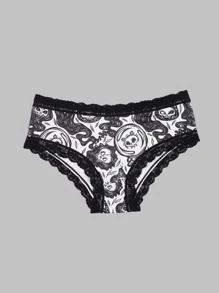 3pcs Women Sexy Gothic Contrast Lace Hipster Panties, Halloween Skull & Eyeballs & Stars & Jack-O-Lanterns Allover Print Intimates Panties, Women's Ladies' Underwear & Lingerie