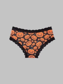 3pcs Women Sexy Gothic Contrast Lace Hipster Panties, Halloween Skull & Eyeballs & Stars & Jack-O-Lanterns Allover Print Intimates Panties, Women's Ladies' Underwear & Lingerie