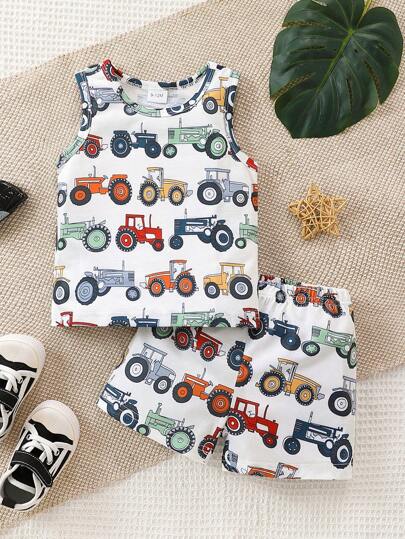Baby Boys' Summer Car Printed Top And Shorts Set
