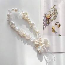 Ins極簡主義風格珍珠手機掛鏈，甜美的心形與蝴蝶結串珠飾品女生手機殼掛件裝飾 - 杏色 - 查看 6