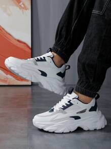 1 Pair Men's Color-Blocked Mesh Lace-Up Sneakers, Daily Casual Fashion Shock-Absorbing Sports Shoes (Run Small One Size)