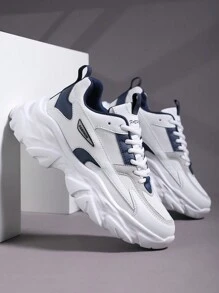 1 Pair Men's Color-Blocked Mesh Lace-Up Sneakers, Daily Casual Fashion Shock-Absorbing Sports Shoes (Run Small One Size)