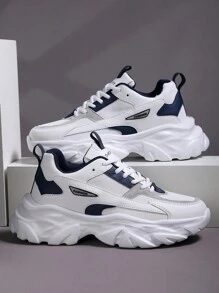 1 Pair Men's Color-Blocked Mesh Lace-Up Sneakers, Daily Casual Fashion Shock-Absorbing Sports Shoes (Run Small One Size)