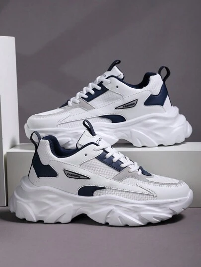 1 Pair Men's Color-Blocked Mesh Lace-Up Sneakers, Daily Casual Fashion Shock-Absorbing Sports Shoes (Run Small One Size), Suitable For Jeans Active Wear