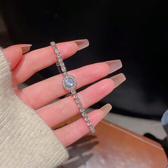 1pc Copper-Plated Full Rhinestone Square Adjustable Bracelet For Women