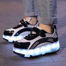 夏季青少年LED燈滾輪溜冰鞋4輪低幫黑白運動鞋，男女冰上滑冰鞋