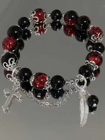 1 Pc Vintage Punk Style Black Red Beads Bracelet With Cross & Feather Pendant For Women Men