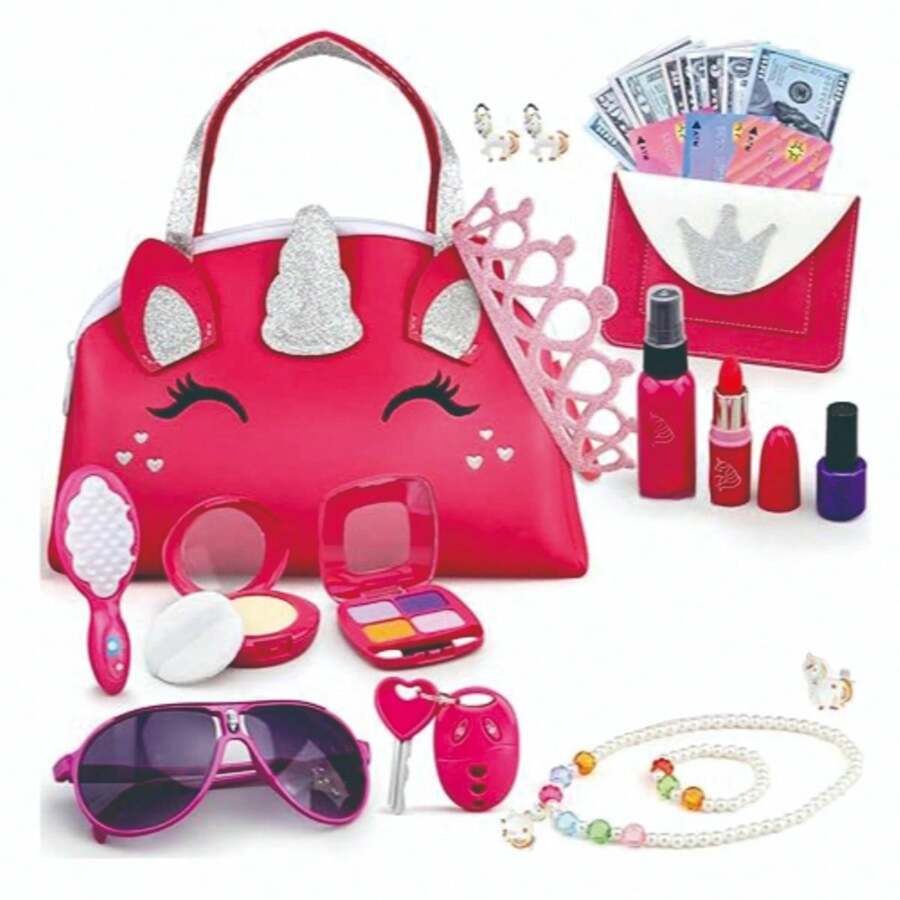 Maquillaje fingido para niñas, juego de maquillaje falso para niñas pequeñas, kit de maquillaje para niños con una bolsa de princesa, juguete para niñas con llave de coche y otros juguetes para niñas de 2 a 6 años para regalo de cumpleaños (color del accesorio aleatorio) - Multicolor - Ver 1